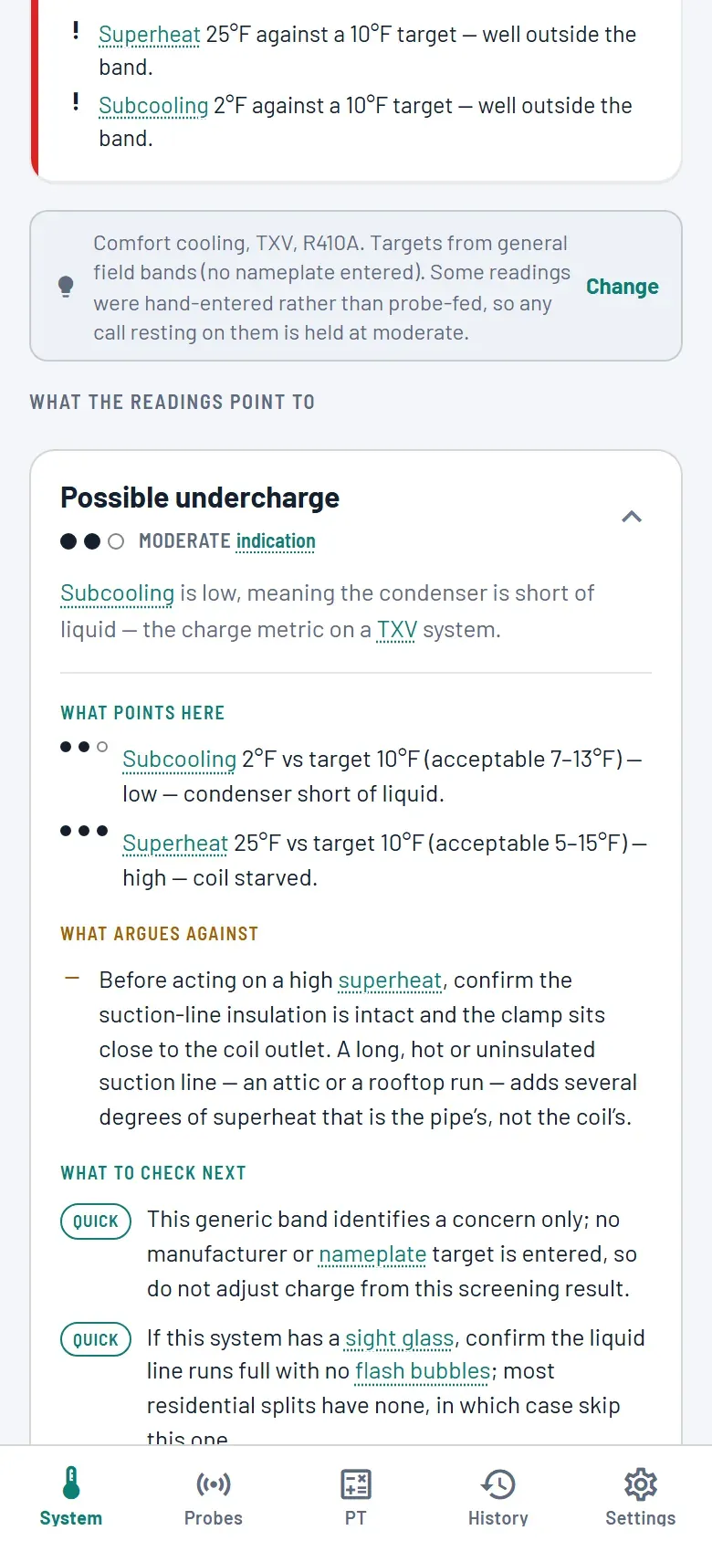 The Diagnostics screen showing a "Possible undercharge" card at moderate indication, with its evidence panel open: what points here lists subcooling 2 °F against a 10 °F target and superheat 25 °F against a 10 °F target, what argues against says nothing in these readings does, and what to check next lists three quick checks.