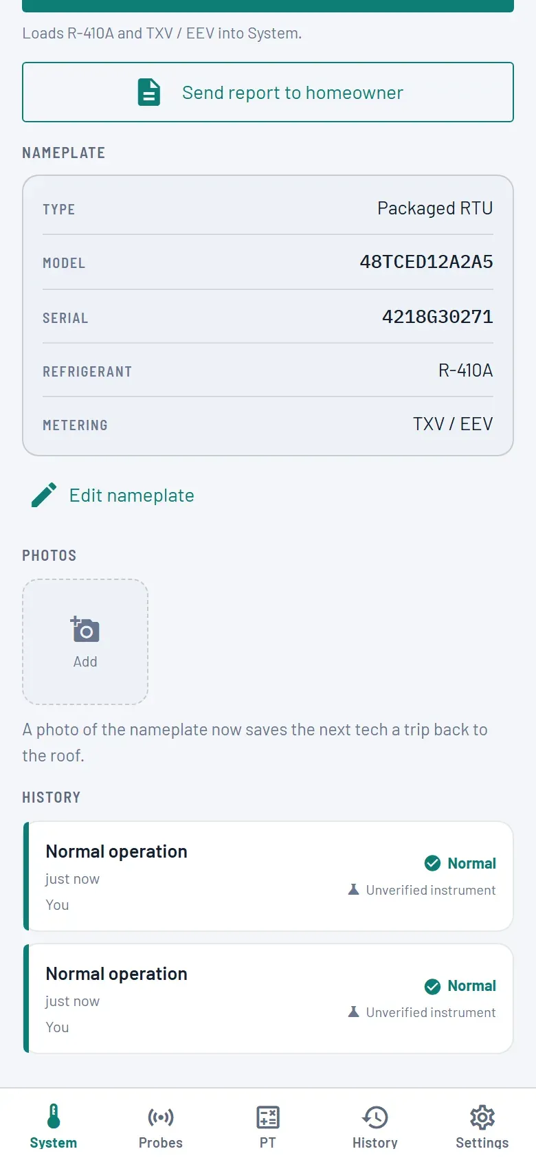 A unit page for "RTU-1 waiting room" showing its nameplate — packaged RTU, model 48TCED12A2A5, serial 4218G30271, R-410A, TXV/EEV — and a history of two readings, each reading "Normal operation" and attributed to the technician.