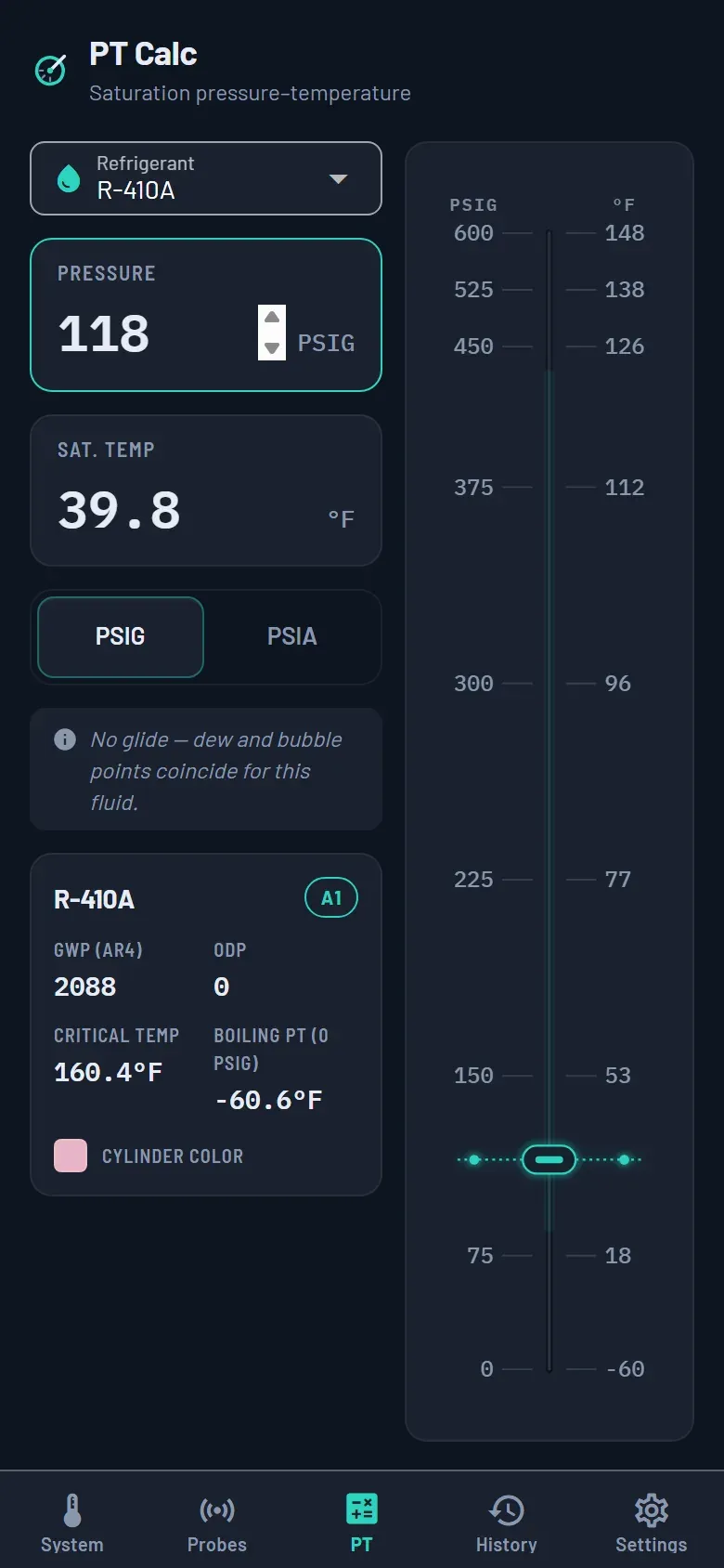 The PT calculator on R-410A: 118 PSIG entered, a saturation temperature of 39.8 °F, and the slide-rule track with the thumb sitting between the pressure and temperature scales.