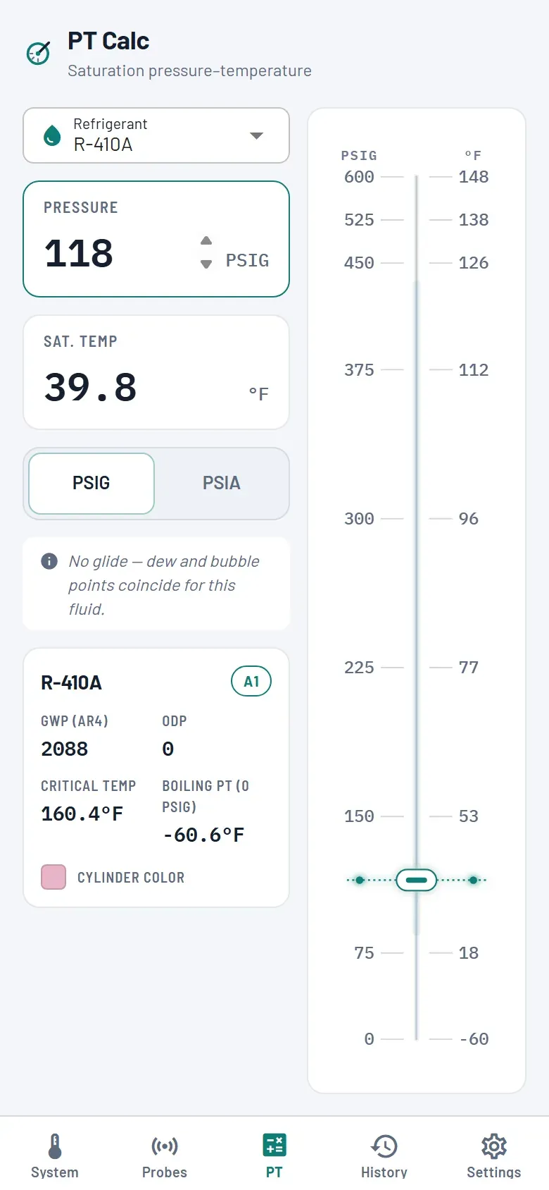 The PT calculator on R-410A: 118 PSIG entered, a saturation temperature of 39.8 °F, and the slide-rule track with the thumb sitting between the pressure and temperature scales.