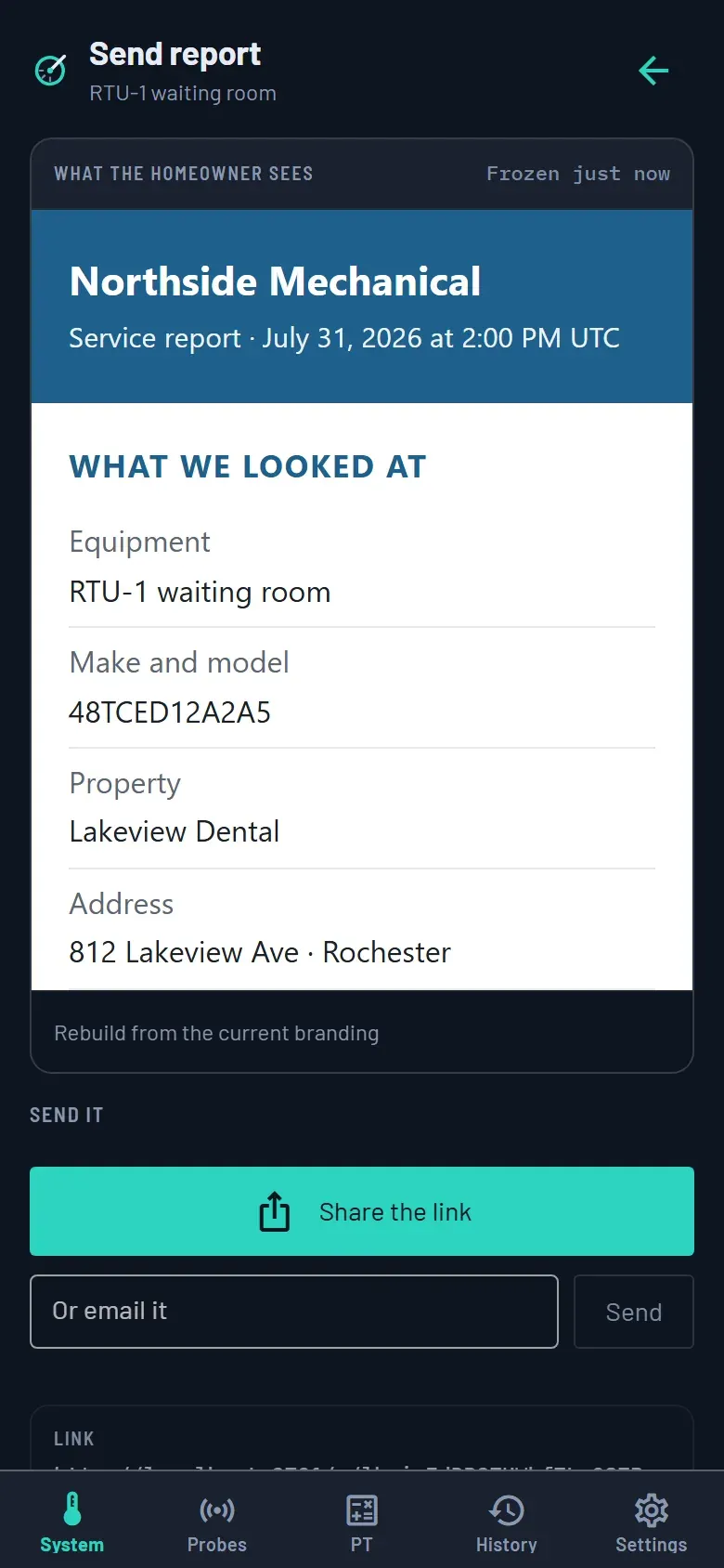 The Send report screen with the frozen homeowner document previewed under the heading "What the homeowner sees": a service report headed Northside Mechanical listing the equipment, make and model, property and address.